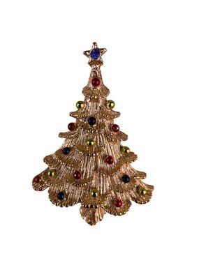 Vintage Gold Tone Christmas Tree Brooch Colorful Rhinestones Holiday Pin Jeweler